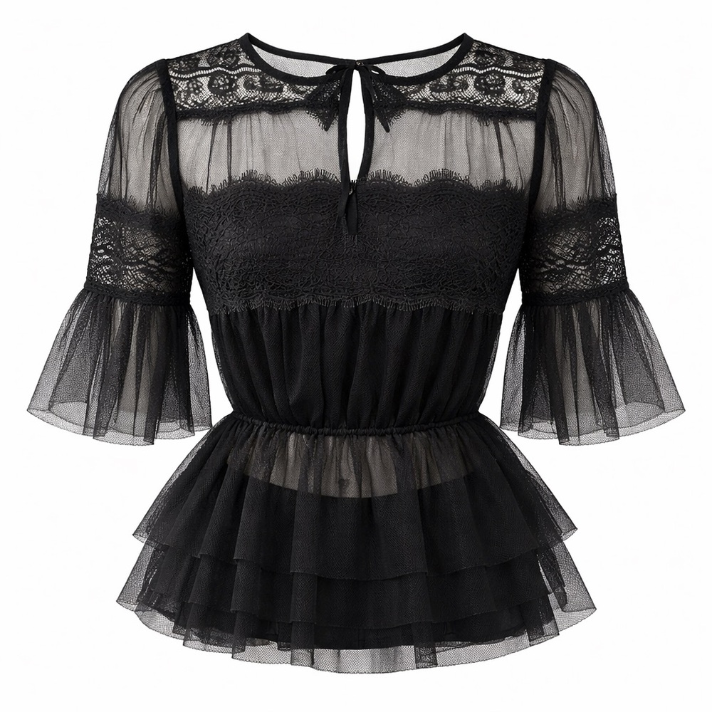 Sheer Black Lace Peplum Blouse Bell Sleeve Mesh Romantic Gothic Top S (no tag)